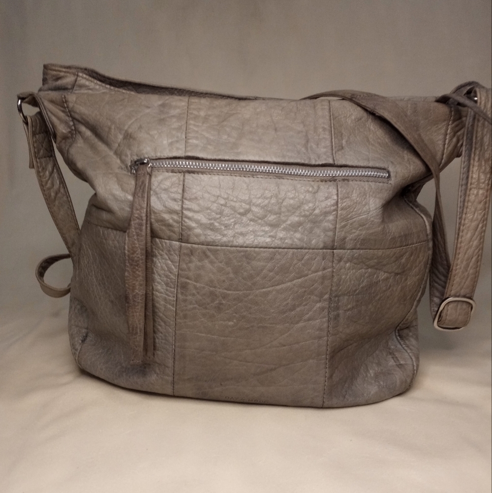 Anthropologie Taupe Leather Hobo with Woven Front Detail - Picture 2 of 9